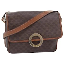 Céline-CELINE Macadam Canvas Circle Shoulder Bag PVC Leather Brown Gold Auth 92653-Brown,Golden