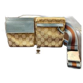 Gucci GG Monogram Web Double Pocket Belt Bag Blue Brown Blue Beige