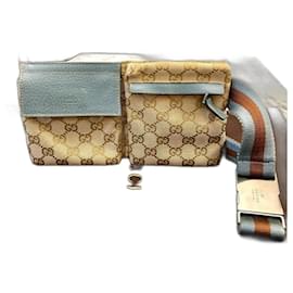 Gucci-GG Monogram Web Double Pocket Belt Bag Blue-Brown,Blue,Beige