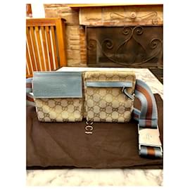 Gucci-GG Monogram Web Double Pocket Belt Bag Blue-Brown,Blue,Beige
