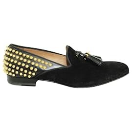 Christian Louboutin-Black Suede Loafers with Golden Studs-Black