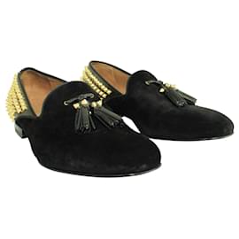 Christian Louboutin-Black Suede Loafers with Golden Studs-Black