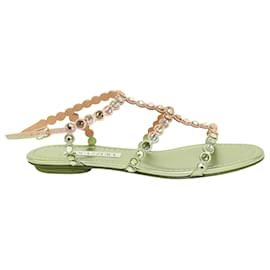 Aquazzura-Aquazzura Tequila Crystal-Embellished Flat Sandals in Gold Leather-Golden,Metallic