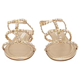 Aquazzura-Aquazzura Tequila Crystal-Embellished Flat Sandals in Gold Leather-Golden,Metallic