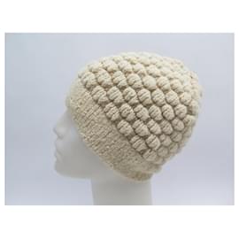 Hermès-BONNET HERMES MOTIF BOUCLETTES EN CACHEMIRE & COTON TU 40-60 CASHMERE HAT-Écru