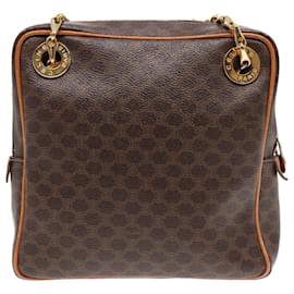 Céline-CELINE Macadam Canvas Shoulder Bag PVC Leather Brown Gold Auth 92489-Brown,Golden