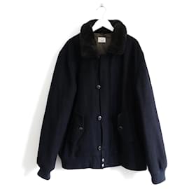 Hartford-Hartford Faux Fur Collar Wool Mix Bomber Jacket-Navy blue