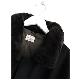 Hartford-Hartford Faux Fur Collar Wool Mix Bomber Jacket-Navy blue