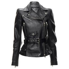 new ALEXANDER MCQUEEN 2010 black leather belted peplum biker jacket   Black