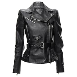 Alexander Mcqueen-new ALEXANDER MCQUEEN 2010 black leather belted peplum biker jacket  -Black