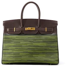 Hermès-Hermes Birkin 35 Handbag in Ebène Box Calf and Vibrato Leather-Damier ebene