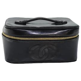 Chanel-CHANEL COCO Mark Vanity Pouch Patent leather Black Gold CC Auth bs18347-Black,Golden