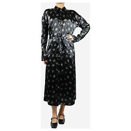 Acne Black satin floral midi wrap dress - size UK 8 Black