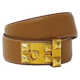 Hermès-Hermes Collier de Chien Leather Belt-Brown,Golden