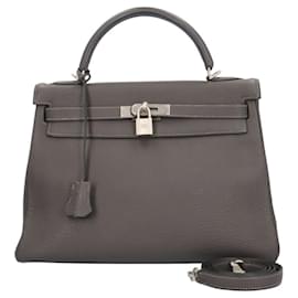 Hermès-Hermes Kelly 32 Handbag in Gray Leather-Brown