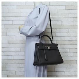 Hermès-Hermes Kelly 32 Handbag in Gray Leather-Brown