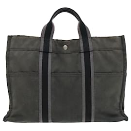 Hermès-HERMES Fourre Tout MM Sac Tote Toile Noir Gris Argent Auth ti2090-Marron,Noir,Argenté