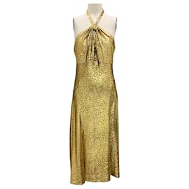 Michael Kors-Michael Kors Collection Gold Metallic Leopard Fil Coupe Halter Dress-Golden