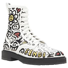 Fendi-Fendi Mr Doodle logo graffiti print laced combat ankle boot-White