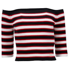 Top cropped de malha canelada listrada em algodão multicolorido, off-shoulder, de Valentino Garavani Multicor