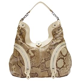 Christian Louboutin-Christian Louboutin khaki scaled leather biker zip chain hobo bag-Brown,Beige