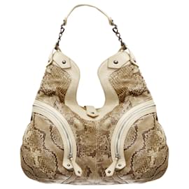 Christian Louboutin-Sac hobo en cuir écaillé kaki avec zip et chaîne de biker Christian Louboutin-Marron,Beige