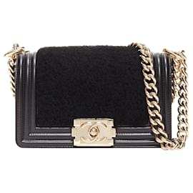 Chanel-Chanel Boy Small Shearling Leather Gold CC Push Lock Chain Flap Bag-Black