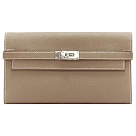 Hermès-Hermes Kelly Longue Togo Leather Silver Turnlock Flap Long Wallet-Green,Khaki