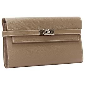 Hermès-Portefeuille long Hermes Kelly Longue en cuir Togo avec fermoir à tourniquet en argent-Vert,Kaki