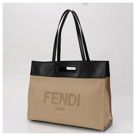 Fendi-Fendi 7V80 Leather Canvas Shoulder Bag-Black,Beige