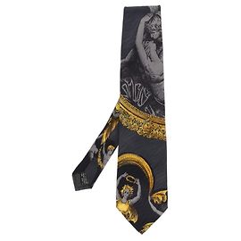 Gianni Versace Dark Grey Printed Silk Tie Grey Dark red
