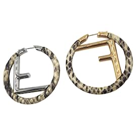 Fendi Python Silver Gold Metal Hoop Earrings Silvery Metallic