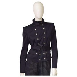 Burberry Blue Double Breasted Military Style Belted Jacket Blue