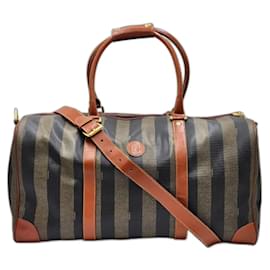 Fendi-Fendi Pequin Pecan Bauletto Stripe Boston Travel Bag with Strap-Brown