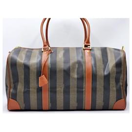 Fendi-Fendi Pequin Pecan Bauletto Stripe Boston Travel Bag with Strap-Brown