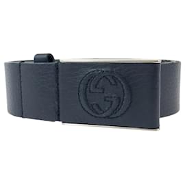 Gucci-Gucci Leather Interlocking Belt Navy Silver-Blue