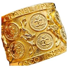 Chanel-Vintage 1970’s Chanel 24K Gold Plated Metal Coin CC Logos Cuff Bangle Bracelet-Gold hardware