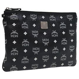 MCM Vicetos Logogram Borsa Clutch in PVC Pelle Nera Argento Auth bs18805 Nero Argento