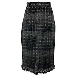 Chanel-Chanel Black / Charcoal Grey / Silver / Gold Metallic 2008 Wool Tweed Skirt-Black