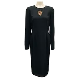 Dolce & Gabbana-Dolce & Gabbana Black Heart Logo Patch Long Sleeved Crepe Midi Dress-Black