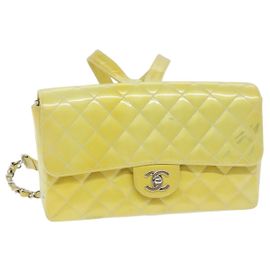 CHANEL Matelasse Backpack Patent leather Yellow Silver CC Auth 89374 Silvery Yellow