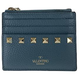 Valentino Garavani-Valentino Rockstud Leather Coin Card Case-Blue