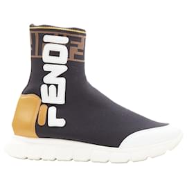 Fendi-Fendi fila mania logo lettering zucca ff sock knit high top sneaker-Black