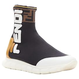 Fendi-Fendi fila mania logo lettering zucca ff sock knit high top sneaker-Black