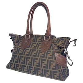 Fendi-Fendi Zucca Etnico Canvas Leather Tote Bag-Brown