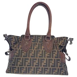 Fendi-Fendi Zucca Etnico Canvas Leather Tote Bag-Brown