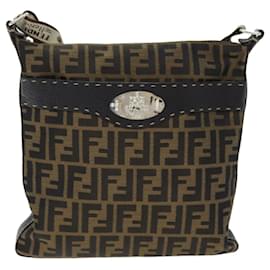 Fendi-FENDI Zucca Canvas Shoulder Bag Black Brown Auth am6285-Brown,Black