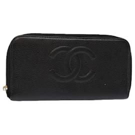 Chanel-CHANEL Long Wallet Caviar Skin Black Gold CC Auth bs18828-Black,Golden
