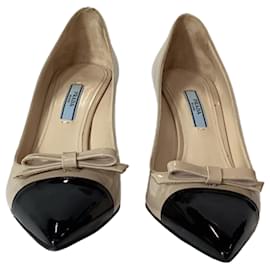 Prada-Prada Cap Toe Bow Detail Pumps in Beige Patent Leather -Beige