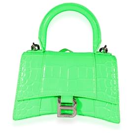 Balenciaga-Balenciaga Fluo Green Shiny Calfskin Crocodile Embossed XS Hourglass Top Handle-Green